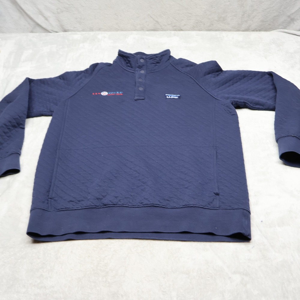 LL Bean Sweatshirt Mens Medium Blue Quilted Classic Snap Pullover Outdoor LOGO